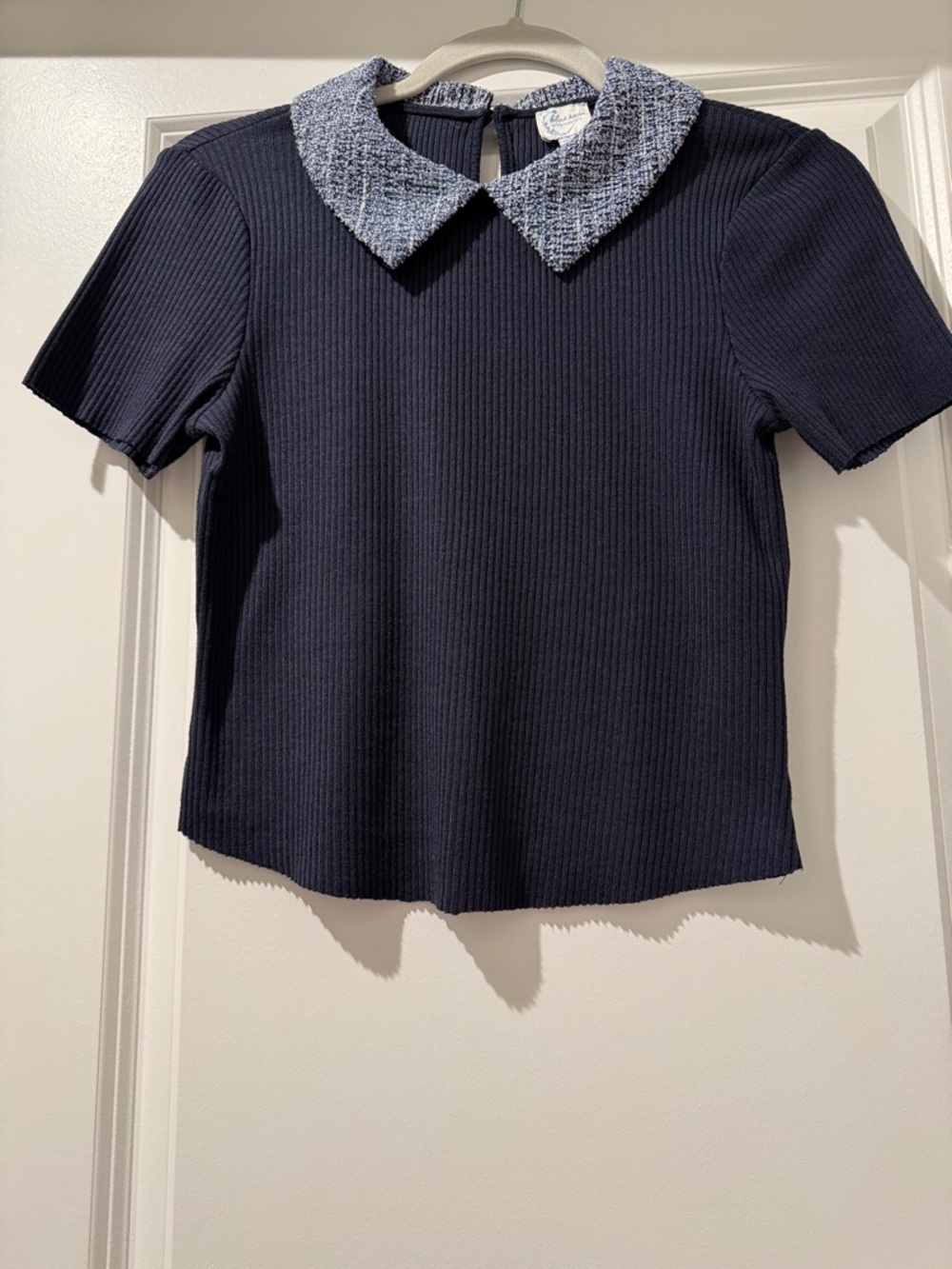 Blue Rain Navy Top with Tweed Pointed Collar